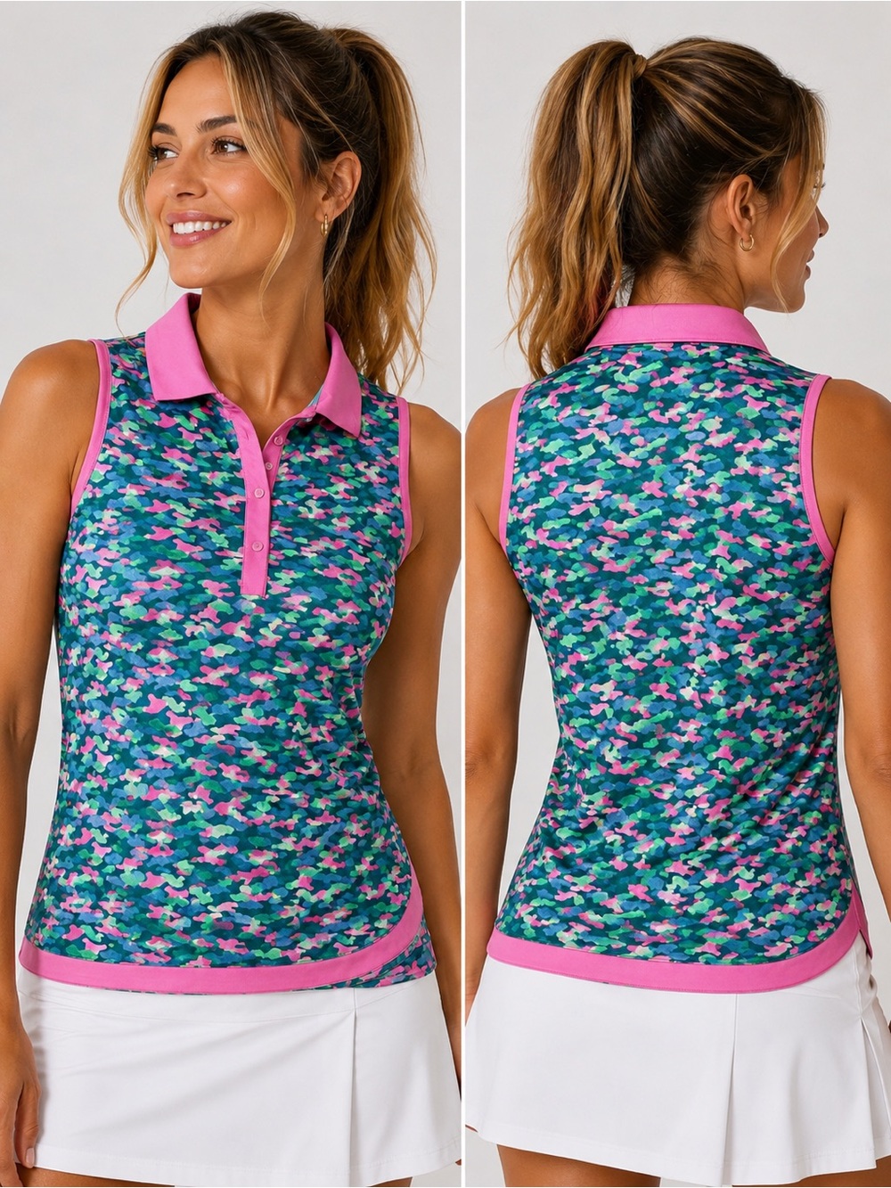 PGA TOUR Sleeveless Pink Camo Golf Polo Top UPF Stretch Performance Size Small